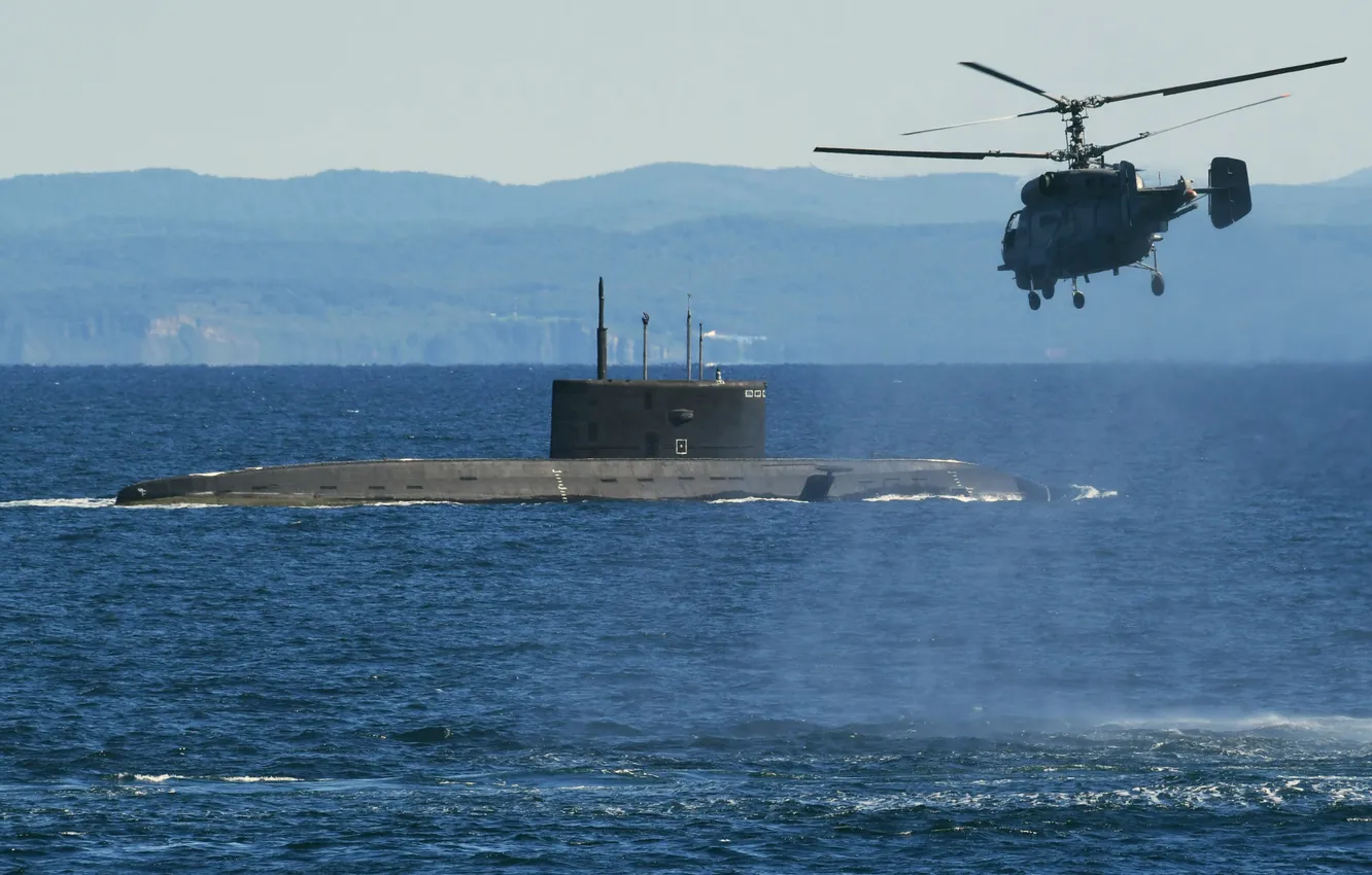 Photo wallpaper submarine, exercises, anti-submarine helicopter