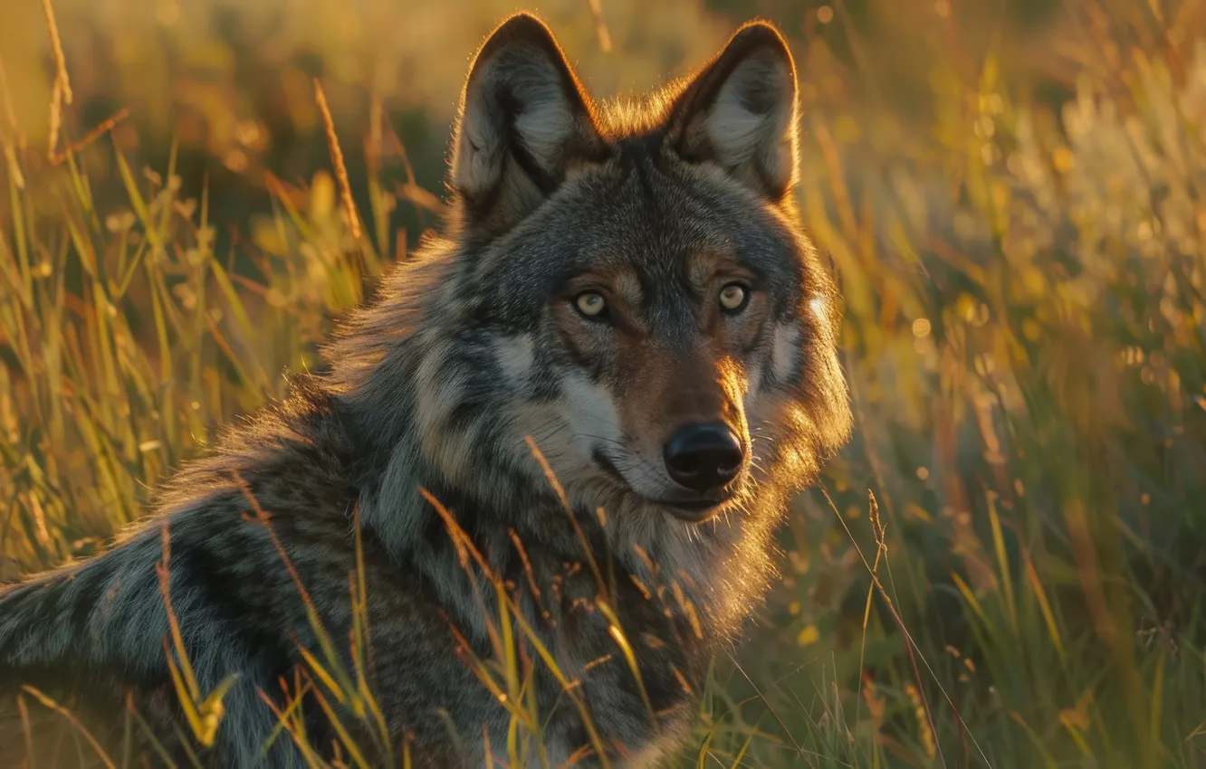 Photo wallpaper grass, look, face, wolf, predator, digital art, AI art, The Art of Artificial Intelligence