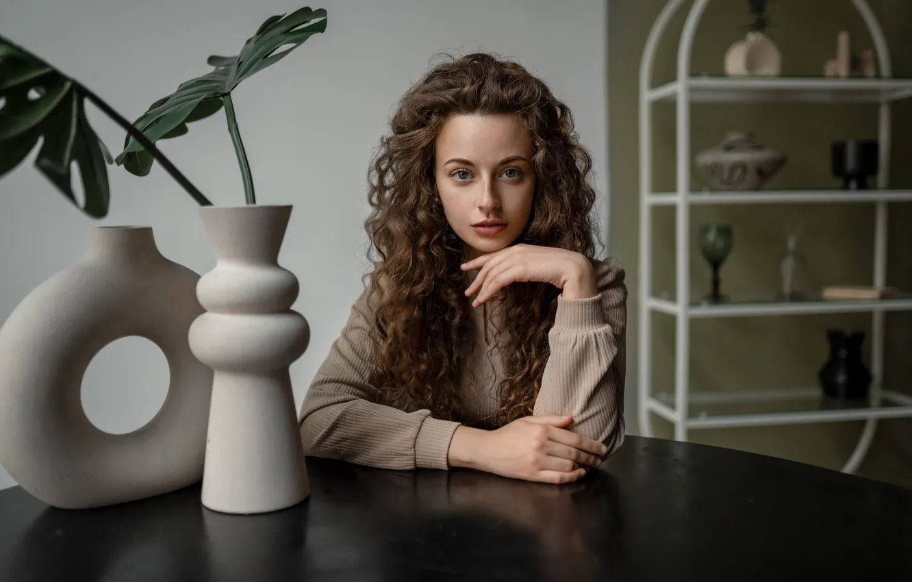 Photo wallpaper look, girl, model, curls, curls, at the table, Alexander Kurennoy
