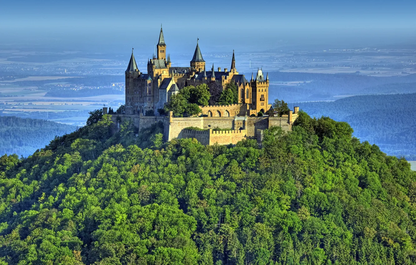 Photo wallpaper trees, mountains, castle, horizon view
