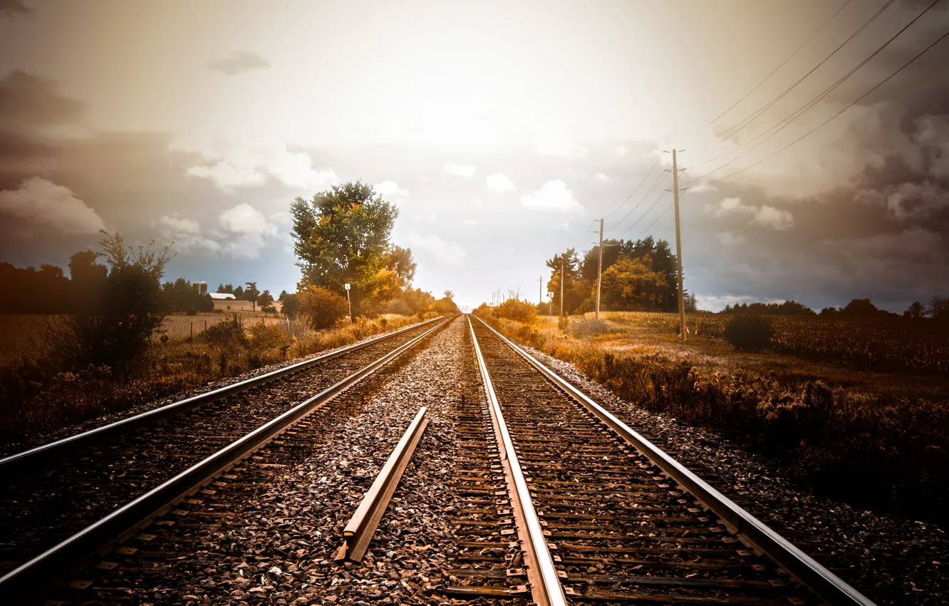 Photo wallpaper light, perspective, railroad
