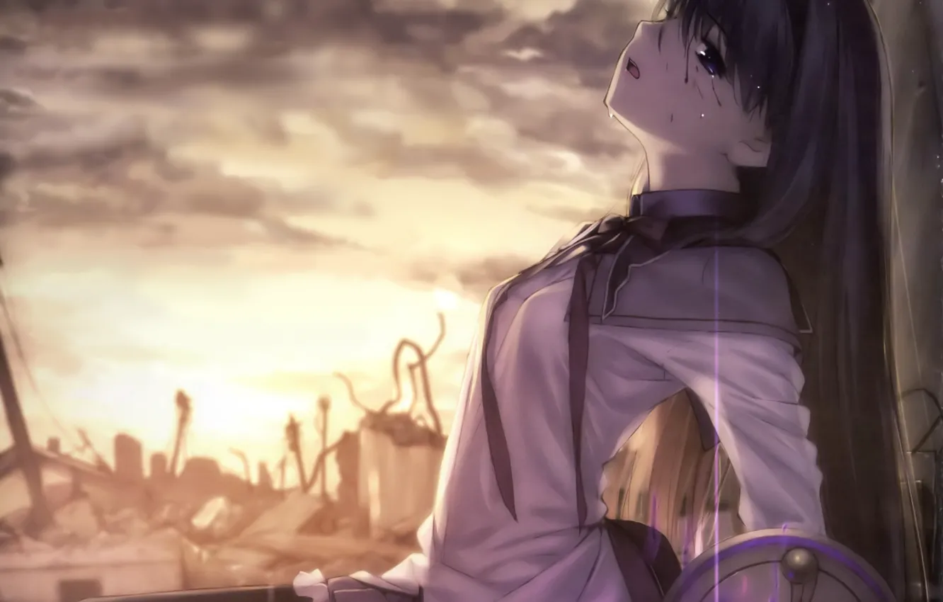 Photo wallpaper the sky, girl, clouds, sunset, anime, tears, art, form