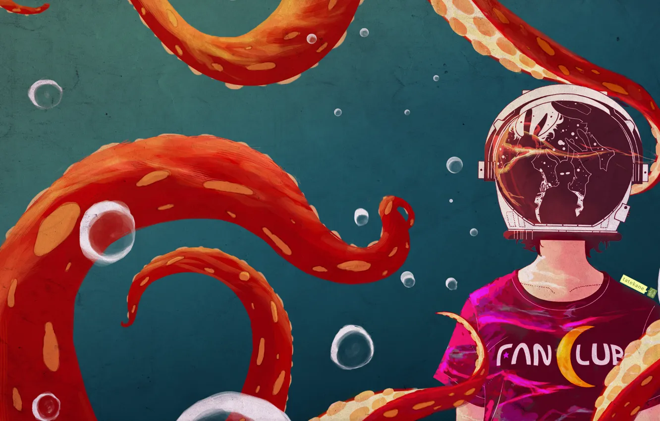 Photo wallpaper glass, girl, reflection, art, octopus, tentacles, helmet