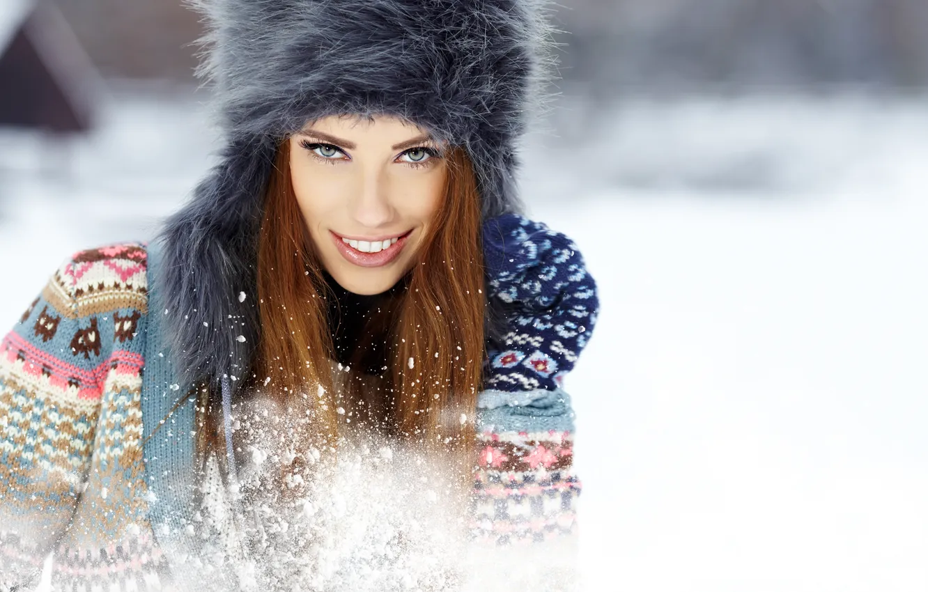 Photo wallpaper winter, look, girl, snow, joy, smile, hat, sweater