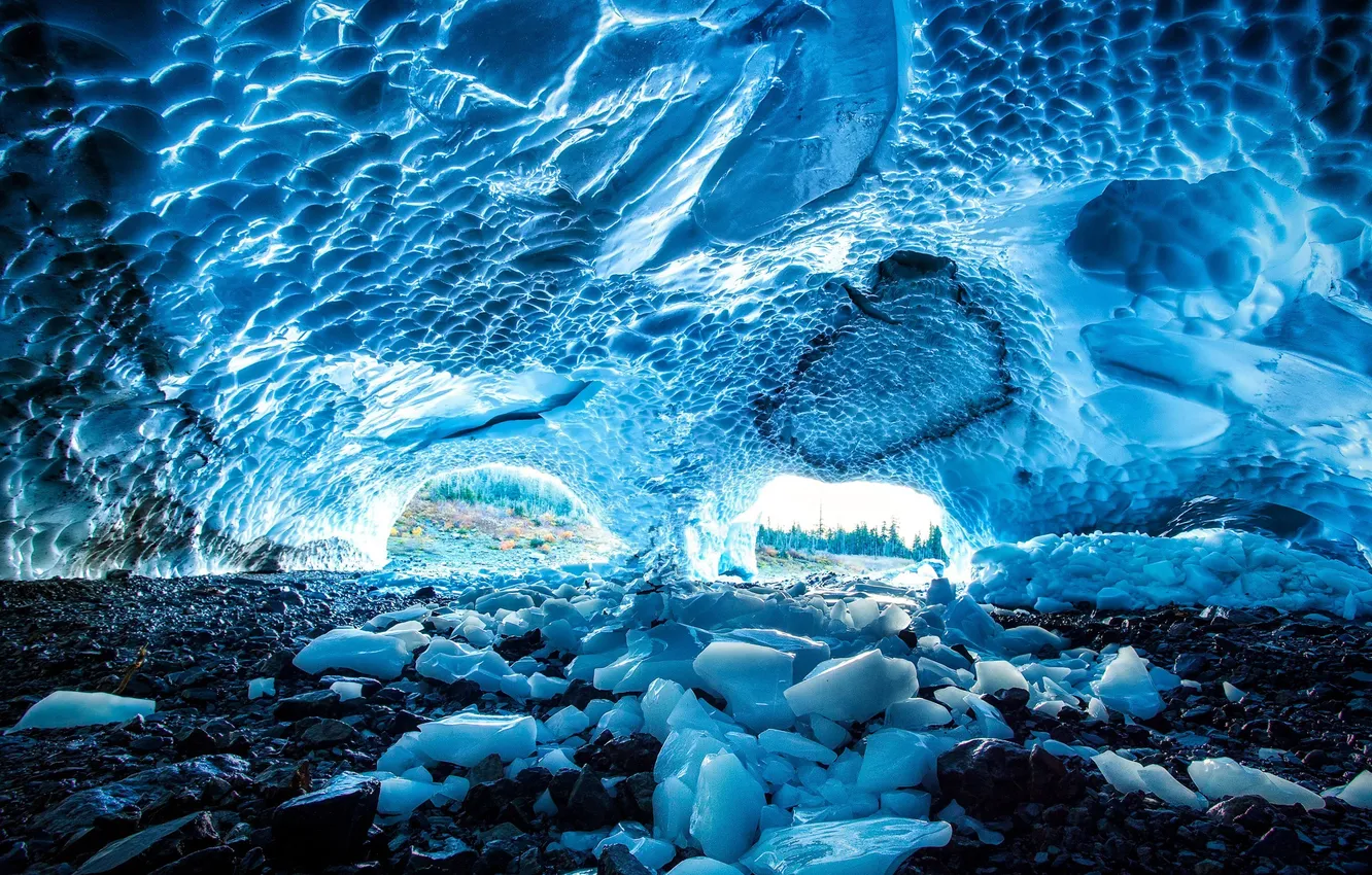 Photo wallpaper ice, snow, stones, cave, arch