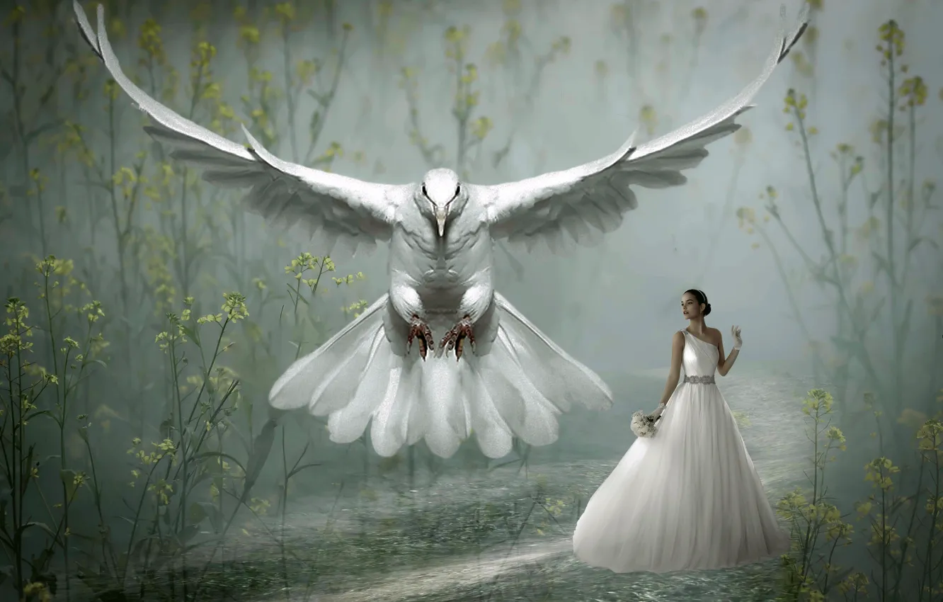 Photo wallpaper white, girl, flight, nature, bird, wings, bouquet, pigeons
