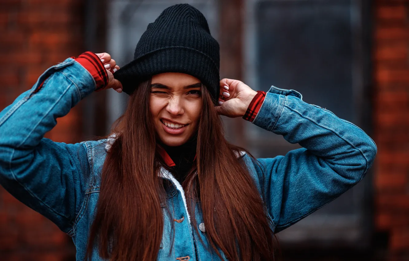 Photo wallpaper look, girl, pose, smile, model, hat, denim jacket, Nikolay Rogozin