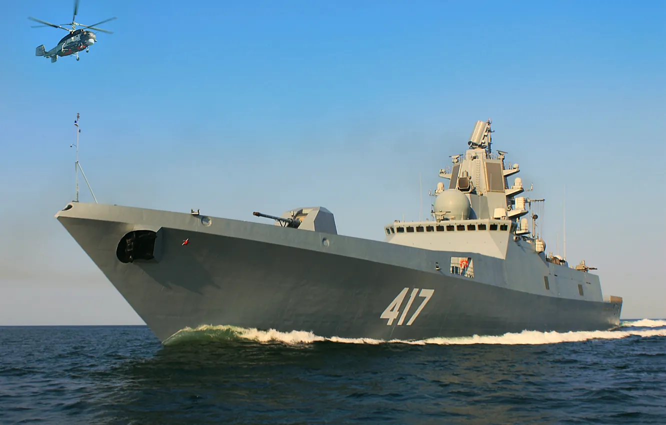 Photo wallpaper helicopter, frigate, Admiral Gorshkov