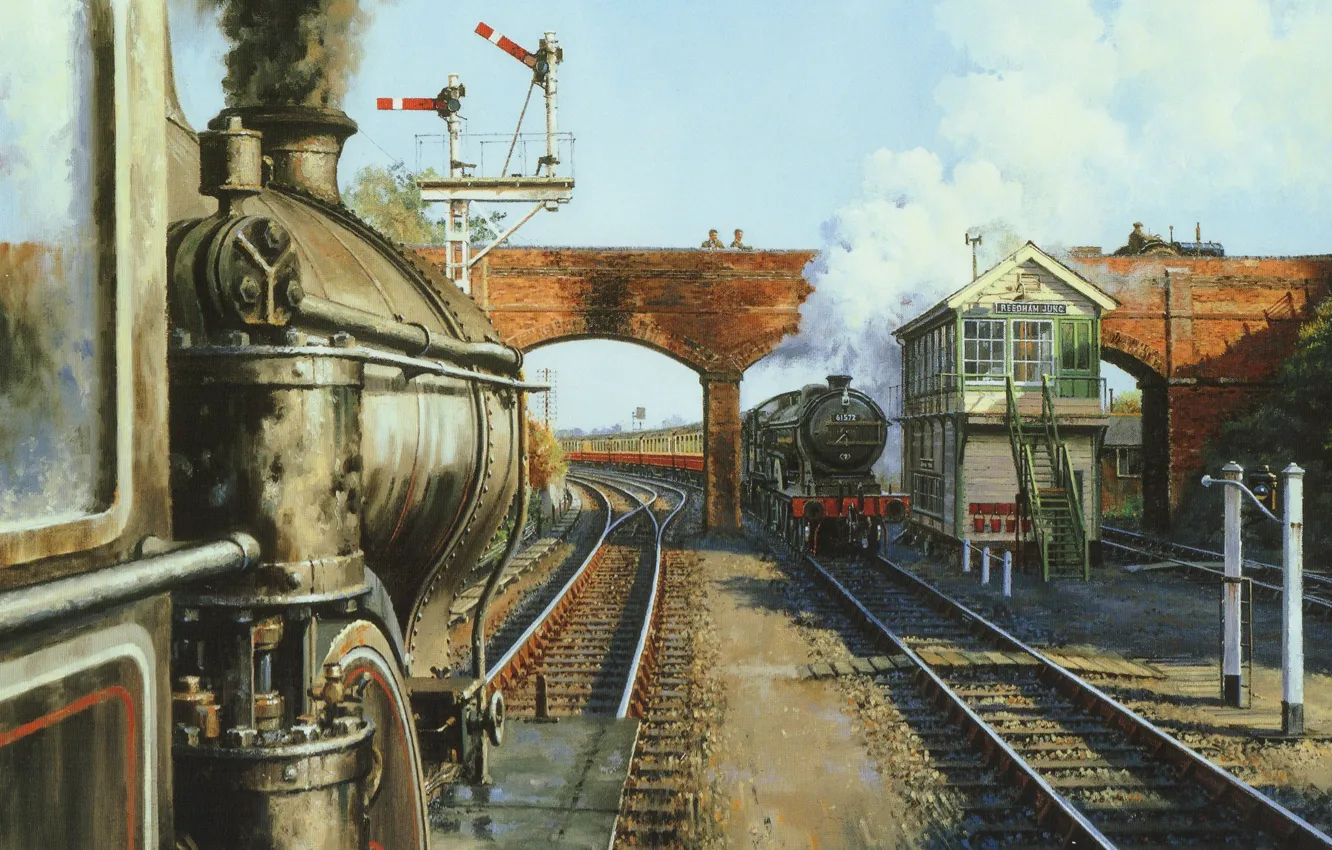 Photo wallpaper landscape, bridge, smoke, train, the engine, picture, canvas, stop