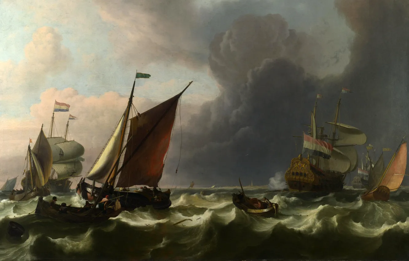 Photo wallpaper sea, wave, landscape, storm, boat, ship, sailboat, storm