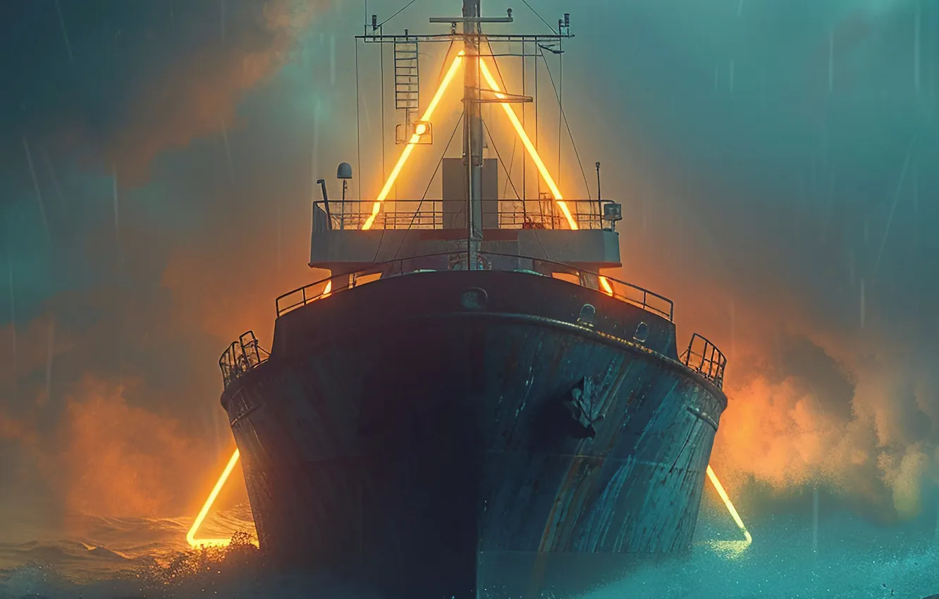 Photo wallpaper sea, clouds, fog, rain, ship, the portal, digital art, AI art