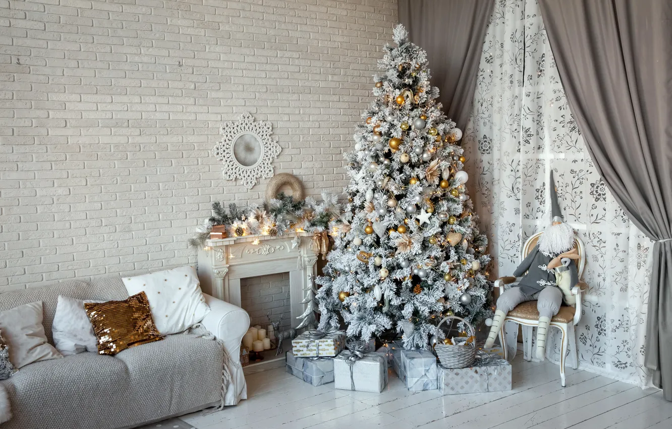 Photo wallpaper sofa, wall, toys, tree, interior, Christmas, gifts, New year