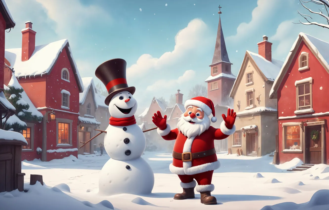 Photo wallpaper winter, snow, new year, home, Christmas, snowman, Santa Claus, digital art