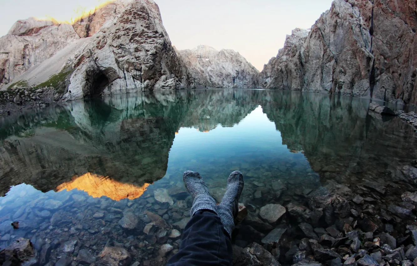 Photo wallpaper water, mountains, lake, mood, feet, calm, tourism