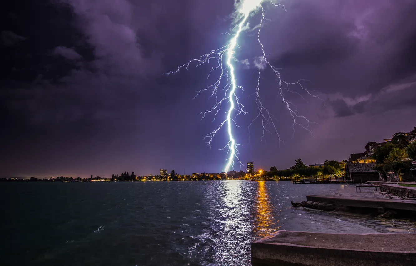 Photo wallpaper the storm, the sky, trees, night, clouds, lights, lake, shore