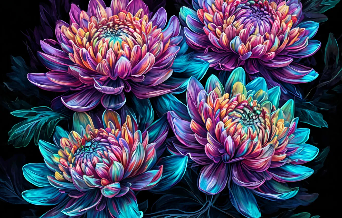 Photo wallpaper flowers, black background, chrysanthemum