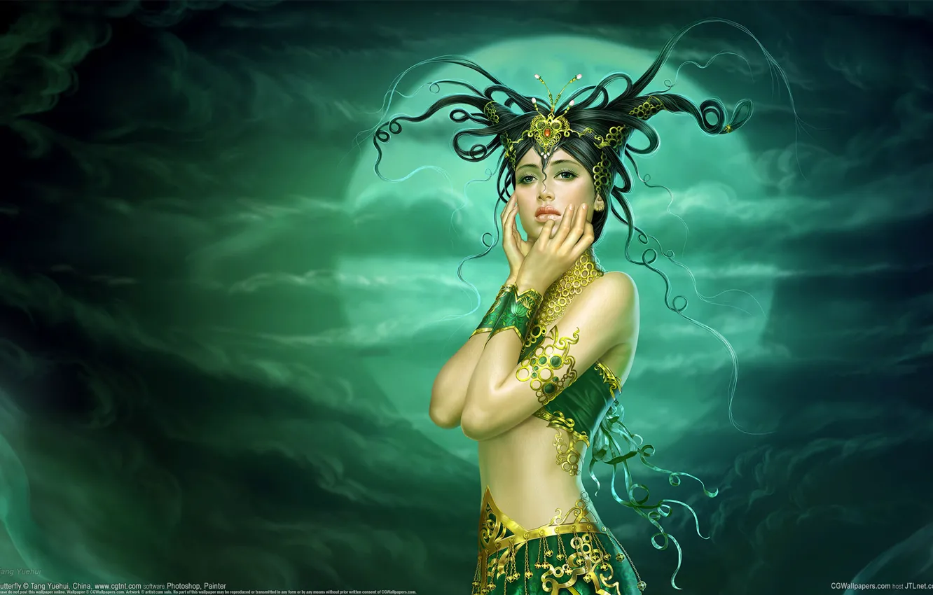 Photo wallpaper girl, decoration, fantasy, the moon, art, hairstyle, horns, Yuehui Tang