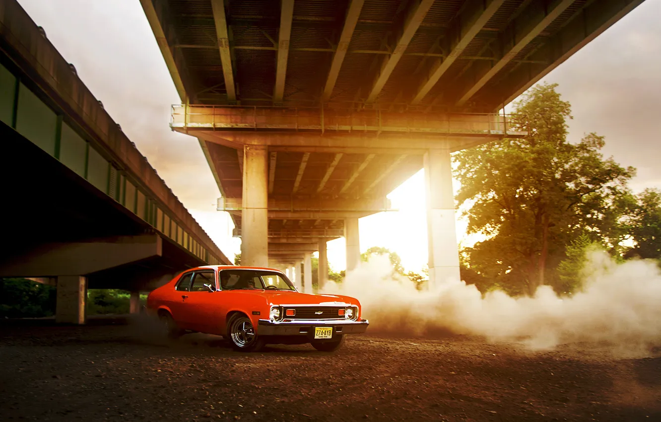 Photo wallpaper the sun, red, bridge, glare, Chevrolet, red, Chevrolet, Front