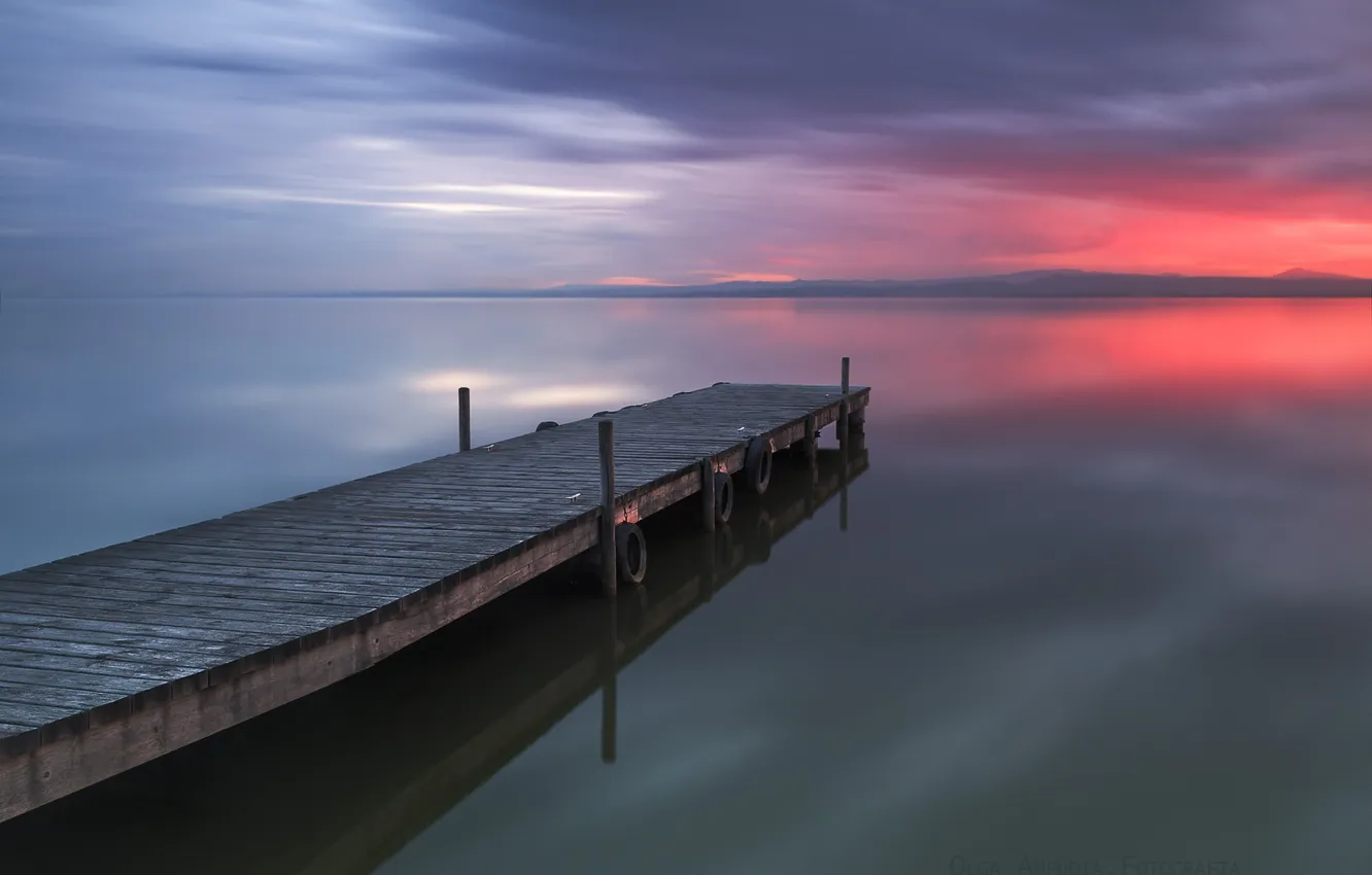 Photo wallpaper beach, the sky, sunset, clouds, lake, the evening, pier, Spain