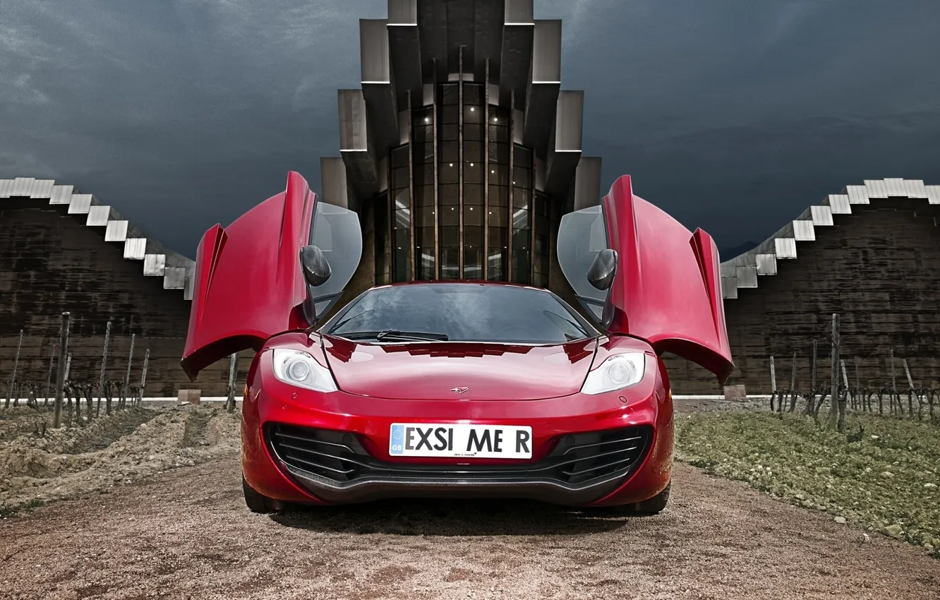 Photo wallpaper the sky, red, building, McLaren, the door, supercar, Seedlings, MP4-12C