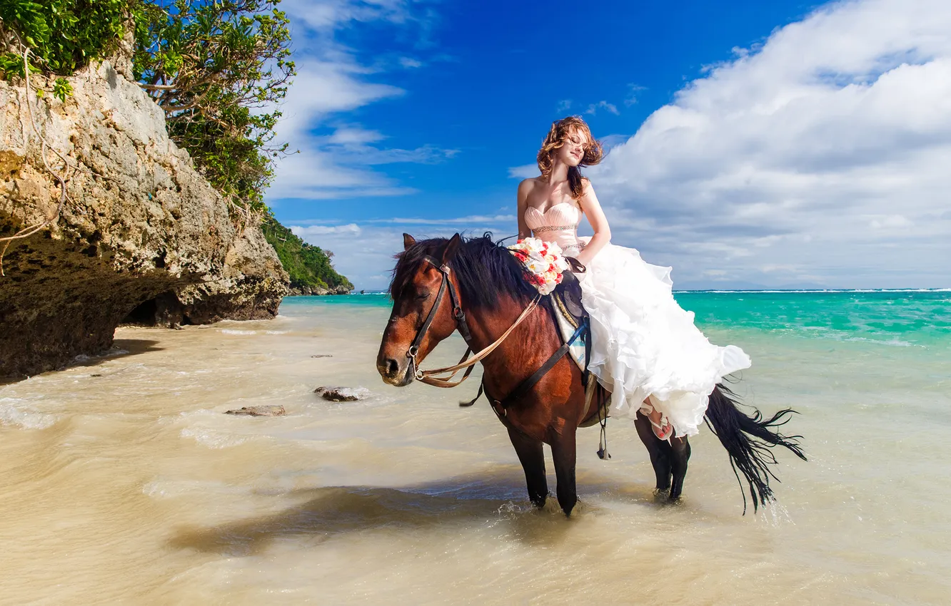 Photo wallpaper sand, sea, beach, girl, the wind, horse, the bride