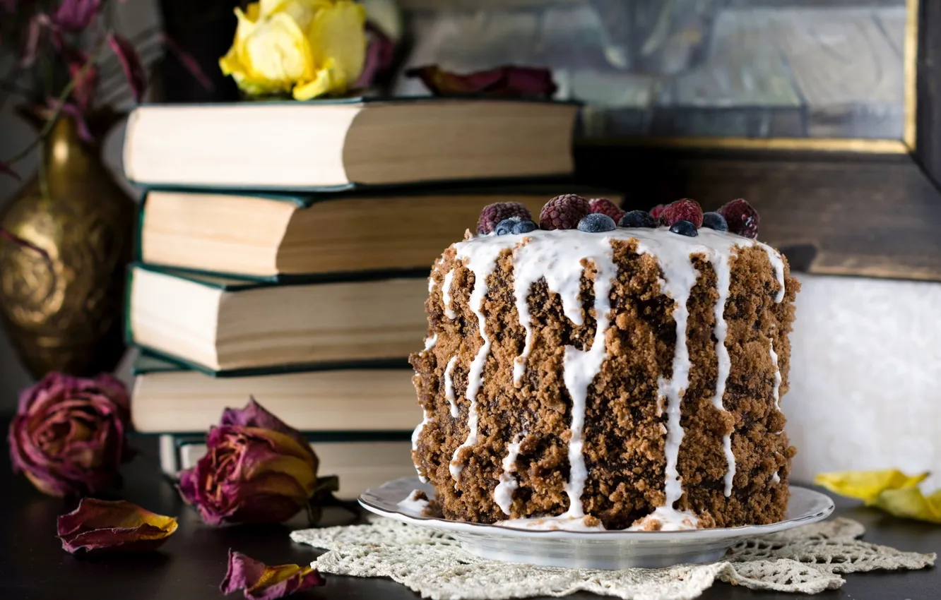 Photo wallpaper berries, roses, cake, book, yogurt