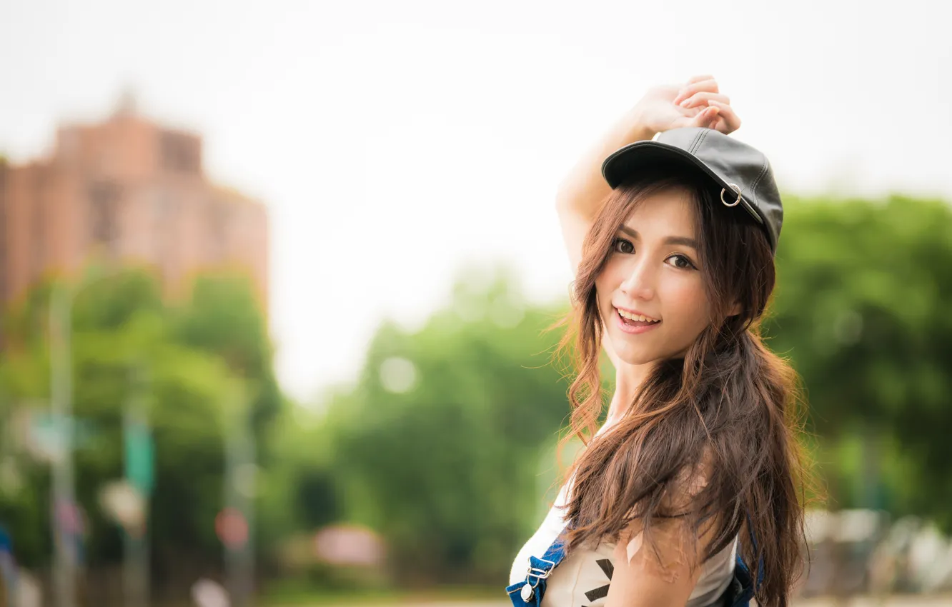 Photo wallpaper girl, cap, Asian, cutie, bokeh