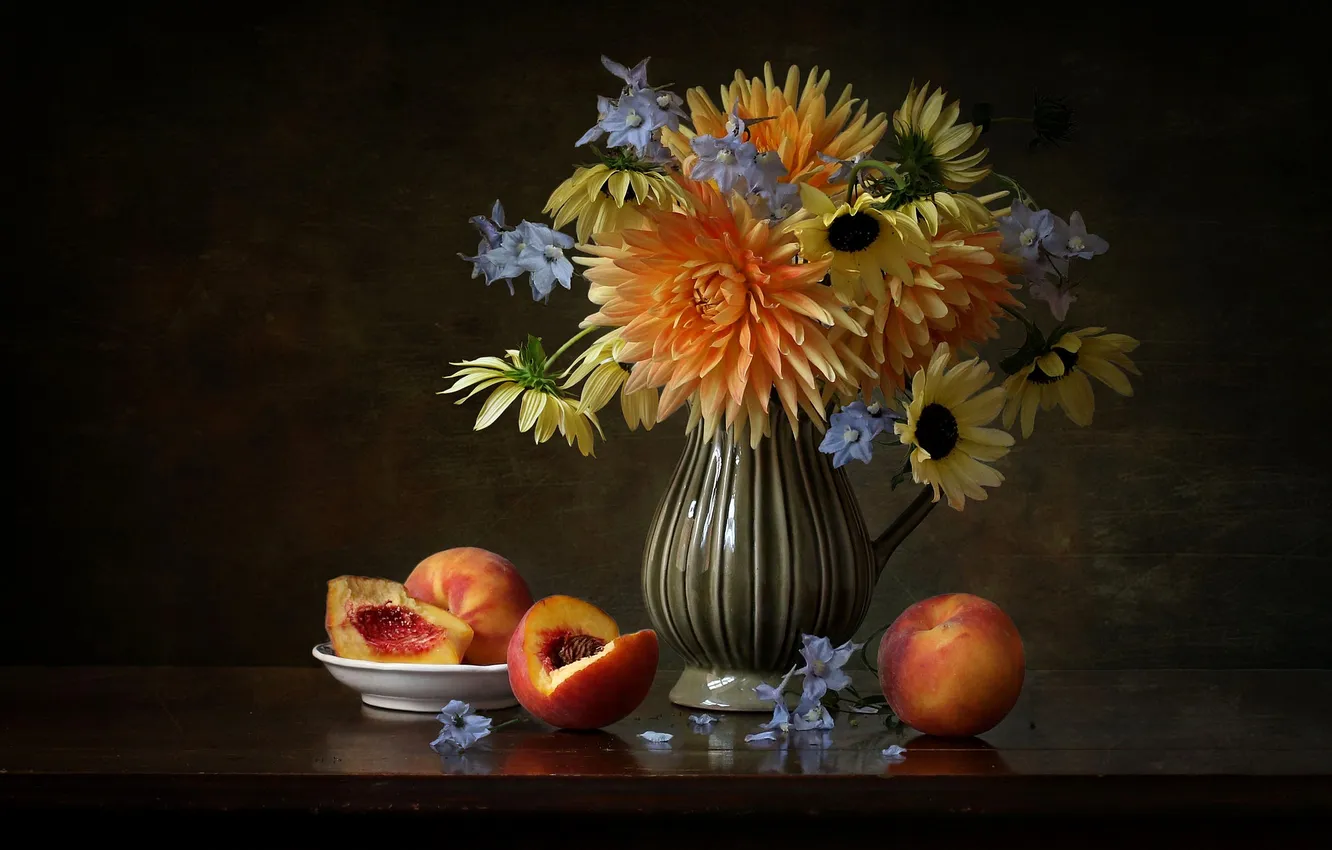 Photo wallpaper style, background, bouquet, pitcher, still life, peaches, dahlias