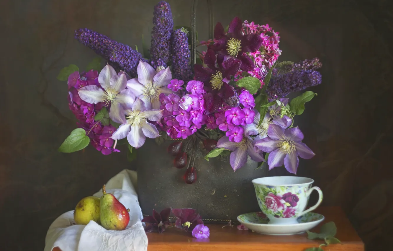 Photo wallpaper bouquet, Cup, pear, Phlox, clematis, gillyflower, budleya