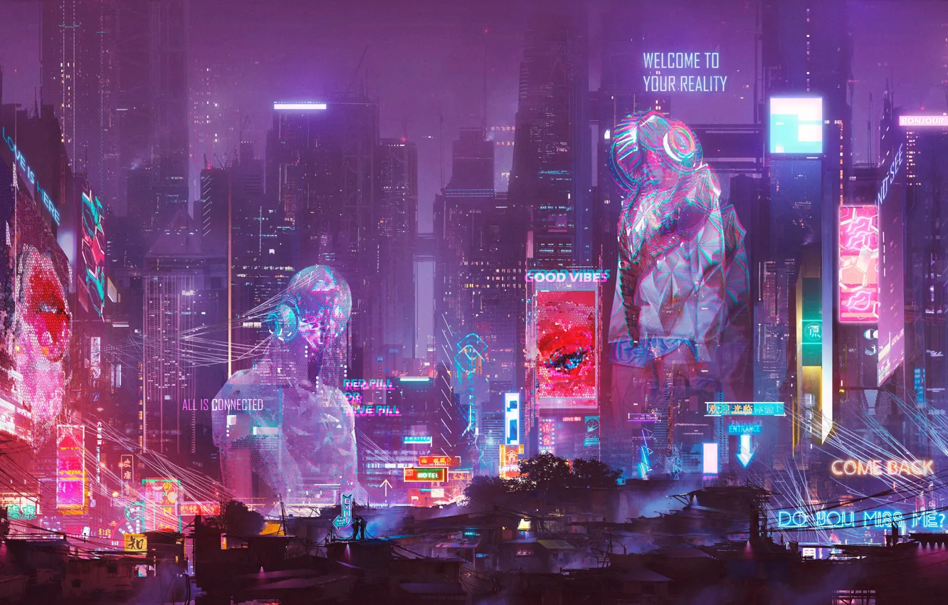 Photo wallpaper city, lights, future, night, cyberpunk, skyscrapers, hologram