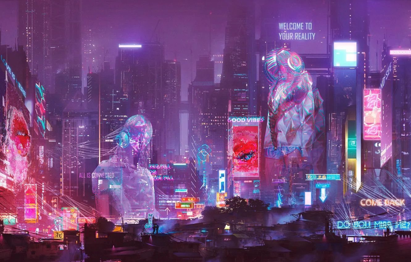 Photo wallpaper city, lights, night, Future, skyscrapers, hologram, Cyberpunk