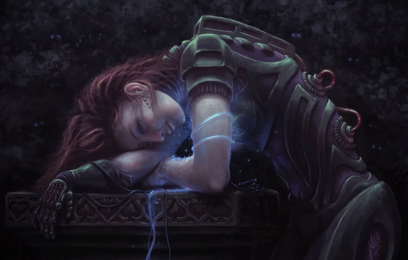 Photo wallpaper dark, girl, Android, fantasy, robot, redhead, artwork, fantasy art