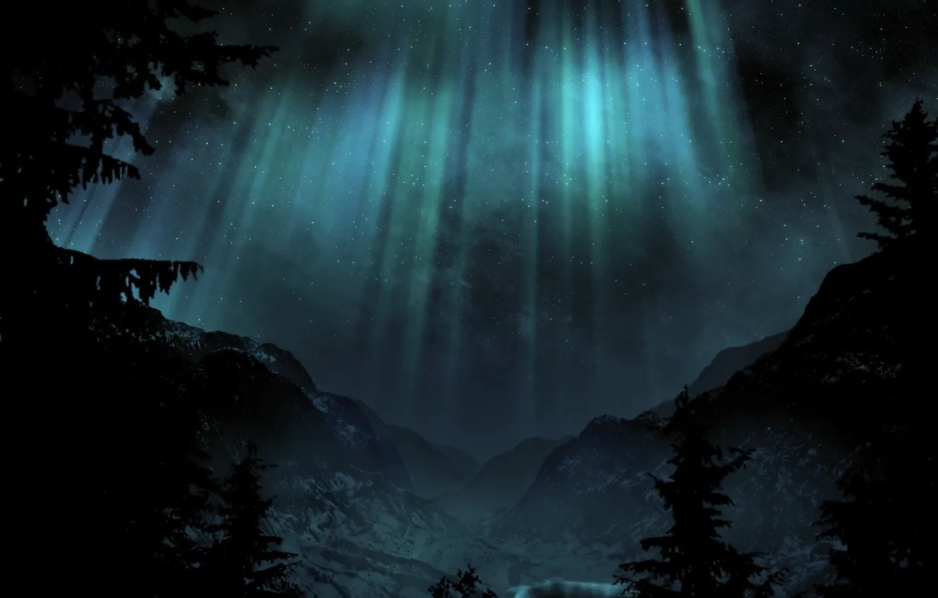 Photo wallpaper mountains, night, lights, Trees