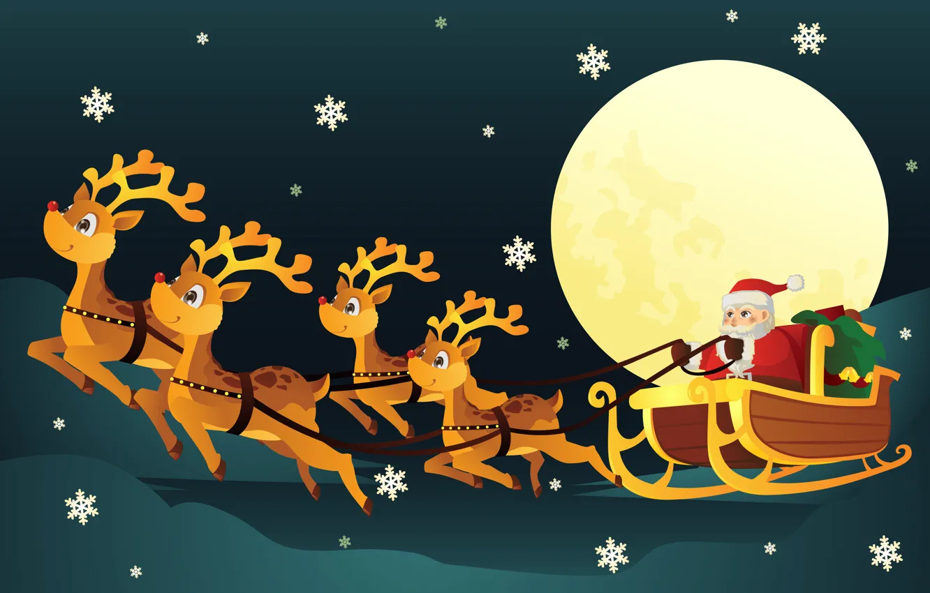 Photo wallpaper the moon, Santa Claus, sleigh, deer, baby Wallpaper