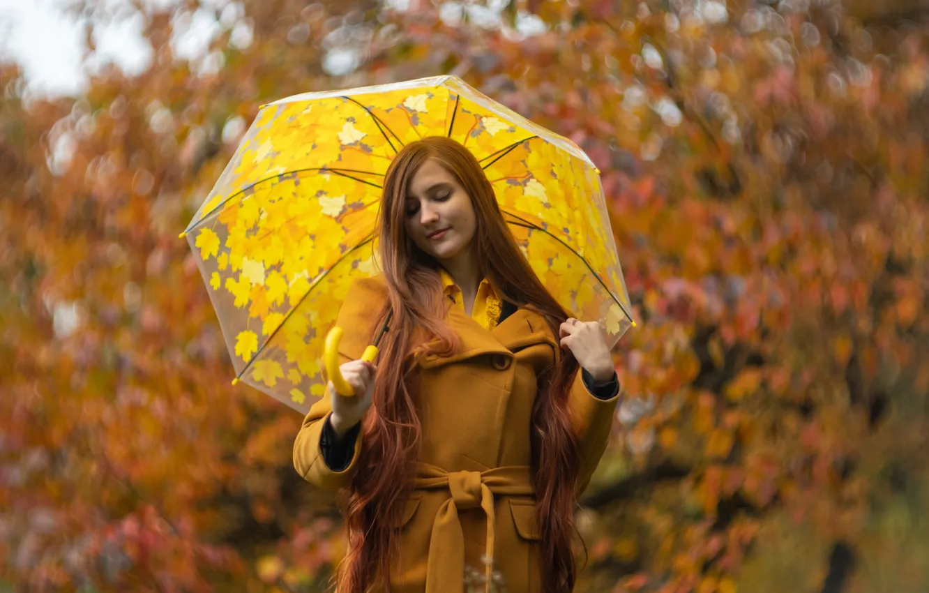 Photo wallpaper autumn, forest, girl, nature, pose, Park, foliage, umbrella