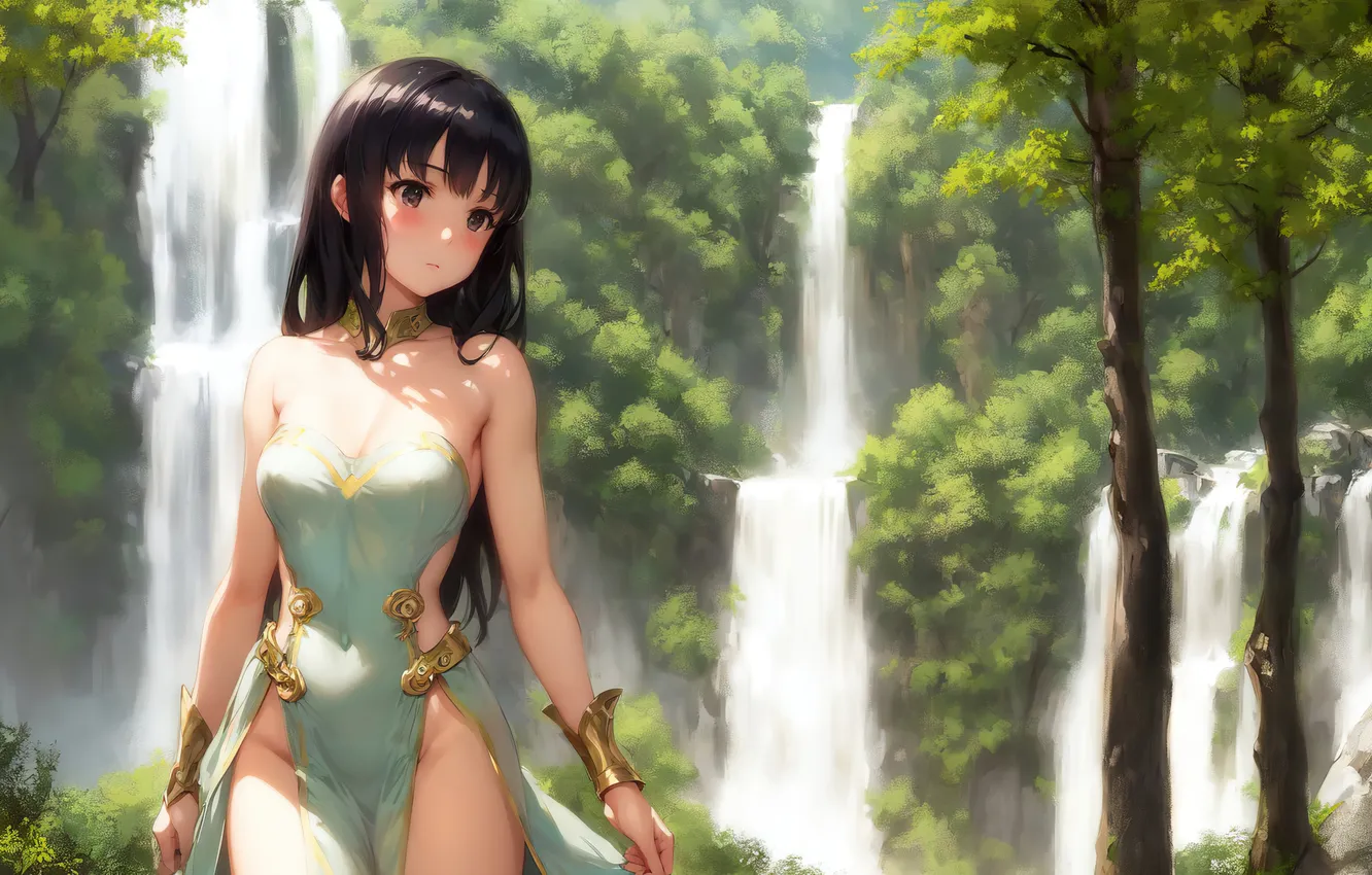 Photo wallpaper girl, dress, nature, anime, waterfall, painting, digital art, fantasy art