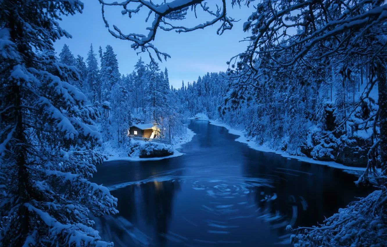 Photo wallpaper winter, forest, house, river, the evening, Finland, Andrei Bazanov