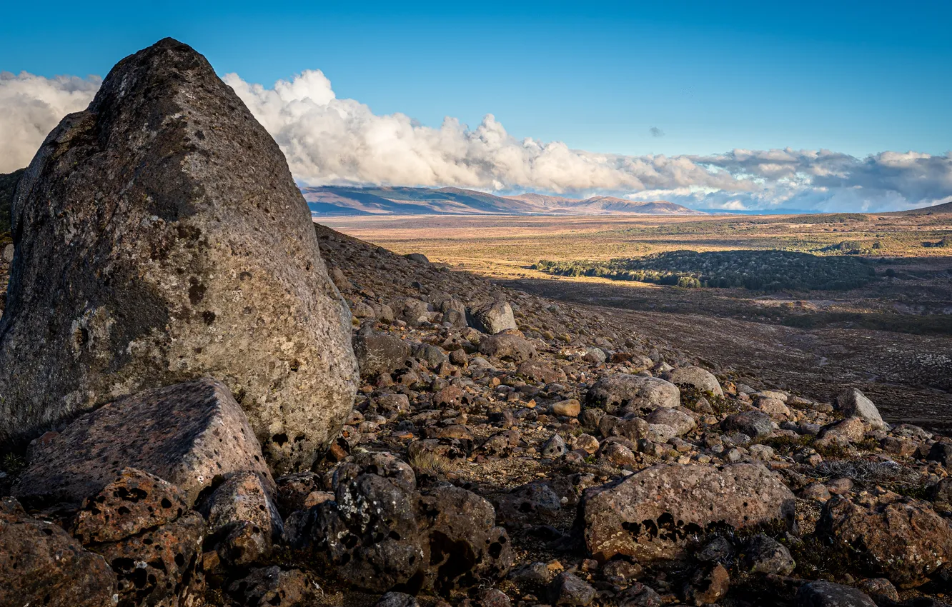 Photo wallpaper clouds, mountains, stones, rocks