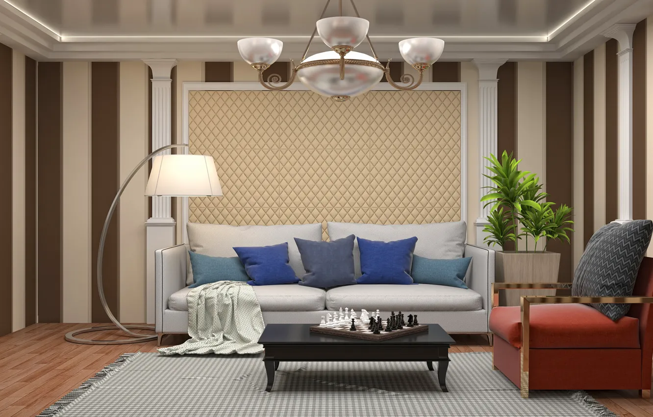 Photo wallpaper sofa, furniture, pillow, chess, lamp, living room