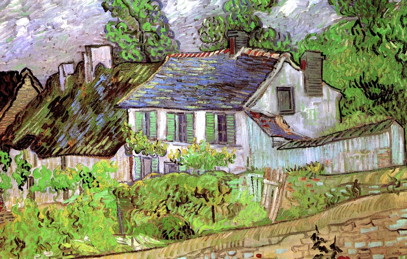 Photo wallpaper trees, house, track, the bushes, Houses in Auvers 2