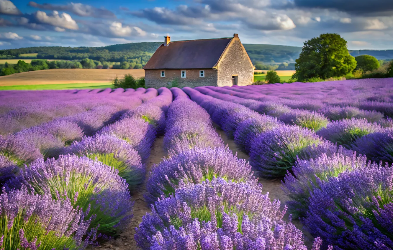 Photo wallpaper summer, the sky, clouds, trees, flowers, blue, hills, home