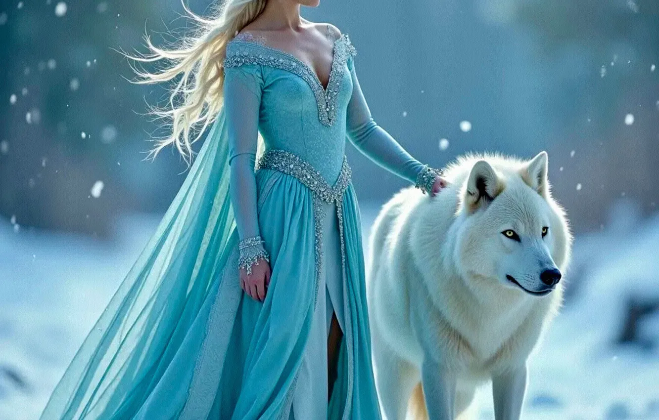 Photo wallpaper winter, forest, white, girl, snow, each, wolf, the snow