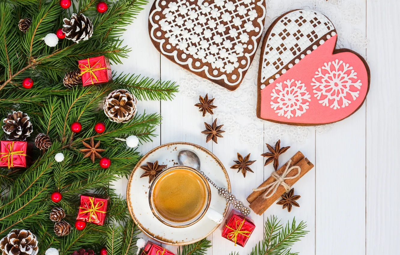 Photo wallpaper branches, coffee, ate, cookies, Christmas, composition, Rights Reserved, LAIMDOTA GRIVANE