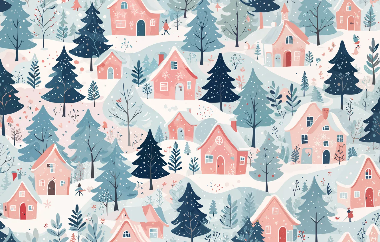 Photo wallpaper winter, snow, new year, home, ate, village, Christmas, house