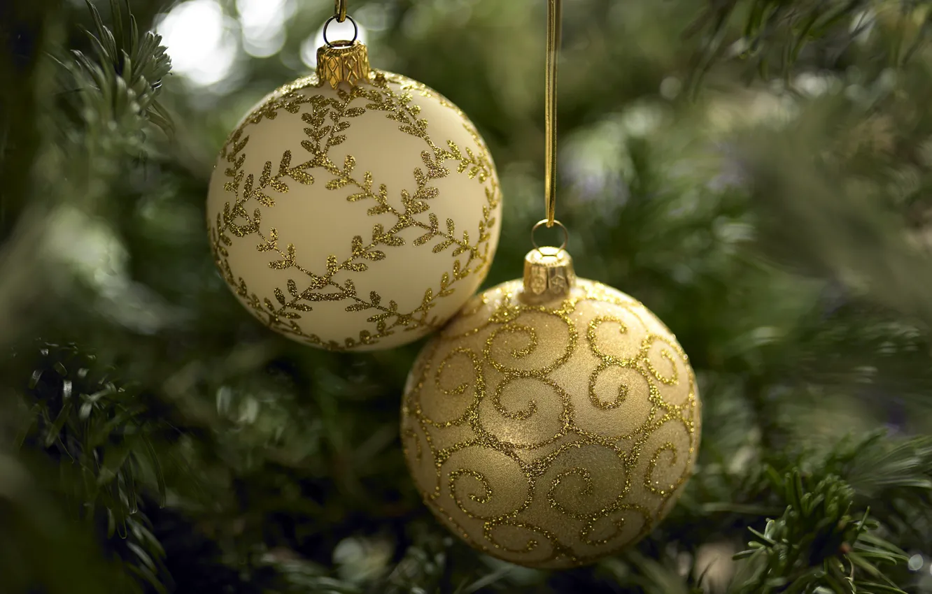Photo wallpaper gold, balls, toys, tree, new year