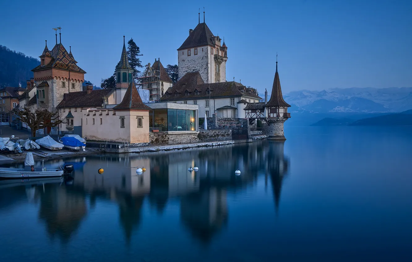 Photo wallpaper mountains, lake, castle, Switzerland, Alps, Switzerland, Alps, Lake Thun