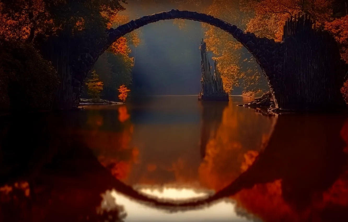 Photo wallpaper autumn, trees, landscape, bridge, nature, reflection, river, arch