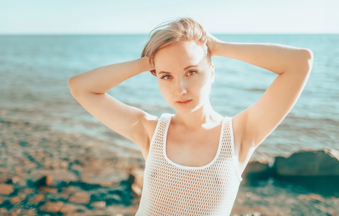 Photo wallpaper sea, beach, girl, blonde, Roosso Alex