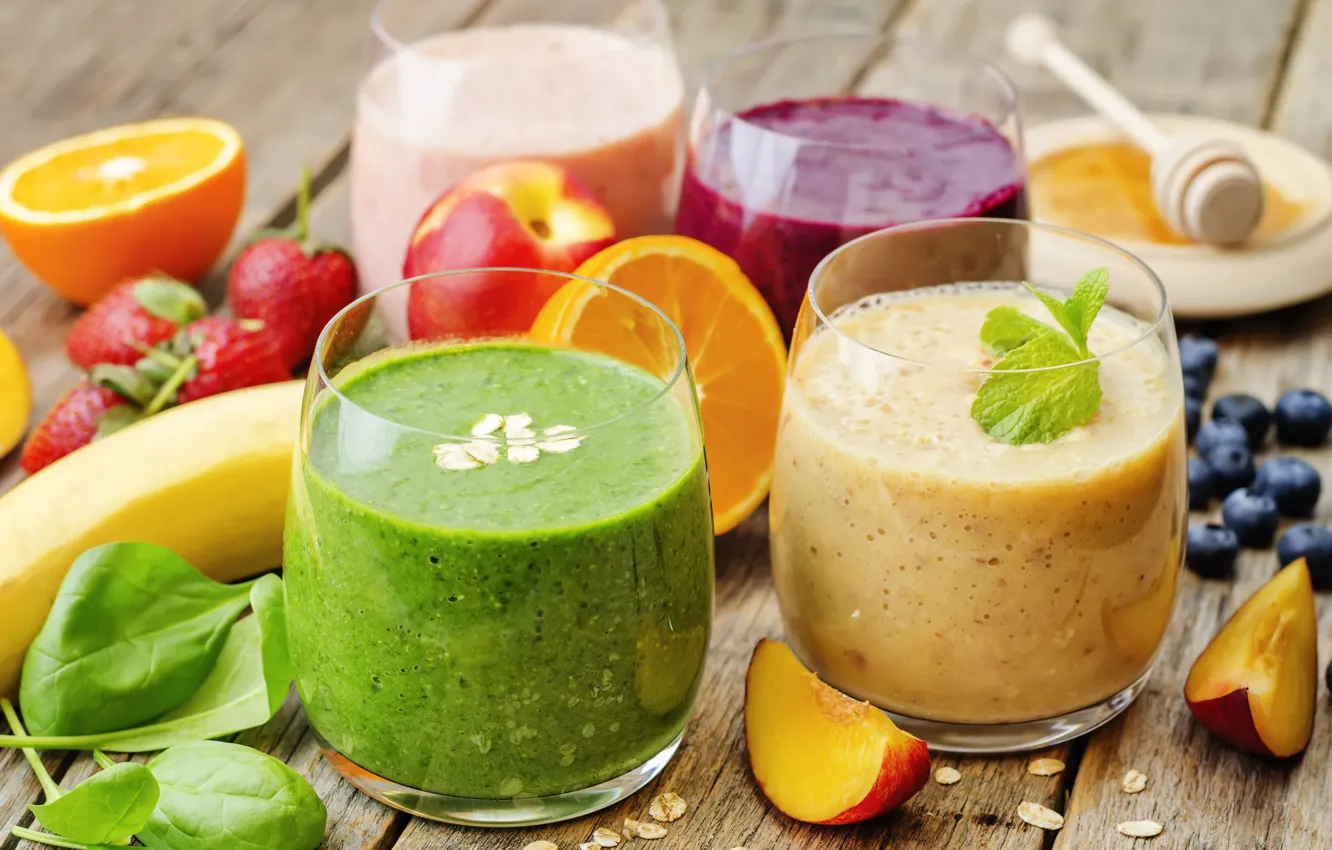 Photo wallpaper berries, orange, strawberry, bananas, cocktail, fruit, fresh, fruit