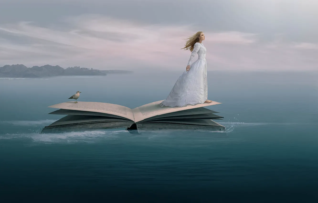 Photo wallpaper sea, girl, dress, book, Princess, pond, Tracy Lundgren